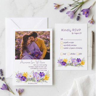 Purple Yellow Crocus Floral Wedding RSVP Enclosure Card