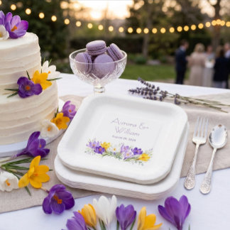 Purple Yellow Crocus Floral Wedding Square Paper Plate
