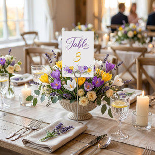 Purple Yellow Crocus Floral Wedding Table Number