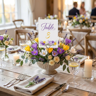 Purple Yellow Crocus Floral Wedding Table Number