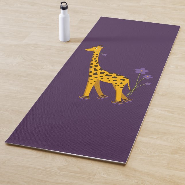 Purple Yellow Cute Funny Skating Cartoon Giraffe Yoga Mat (In Situ)