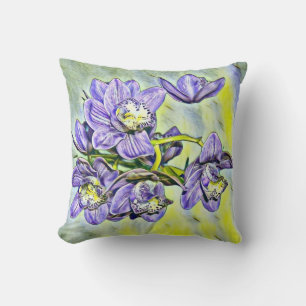 Purple yellow cute orchid flowers watercolor cushion
