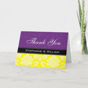 Purple Yellow Damask Wedding Thank You Cards