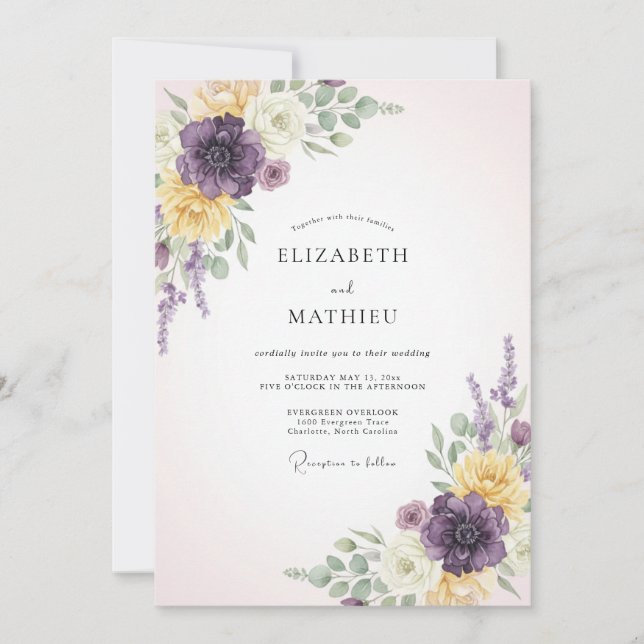 Purple Yellow Ethereal Bloom Wedding Invitation (Front)