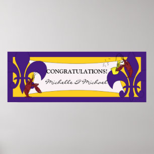 Purple Yellow Fleur de Lis Crawfish Party Banner Poster