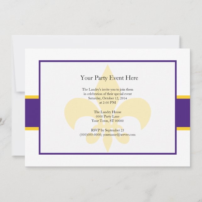 Purple Yellow Fleur de Lis Party Time Invitation (Front)