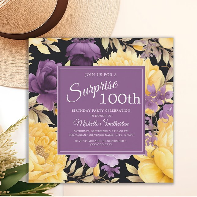 Purple Yellow Floral 100th Surprise Birthday Invitation (Purple and yellow floral surprise 100th birthday party invitation)