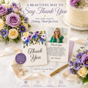 Purple Yellow Floral Birthday Photo Thank You Card