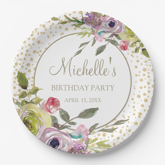 Purple Yellow Floral Gold Glitter Birthday Party Paper Plate (Front)