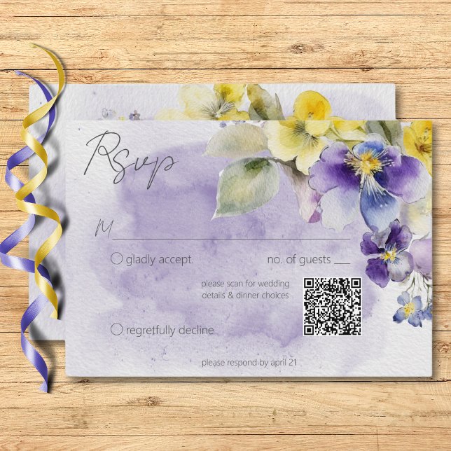 Purple & Yellow Floral Modern Wedding QR Code RSVP Card (Purple & Yellow Floral Modern Wedding QR Code RSVP Card)