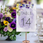Purple & Yellow Floral Modern Wedding Table Number<br><div class="desc">This simple but elegant design features a bouquet of purple,  yellow,  and lavender pansies and other flowers with greenery. The background is a purple watercolor splash on a textured white watercolor paper background. It's part of the Purple & Yellow Floral Modern Wedding Suite created by Simply Farmhouse Press.</div>