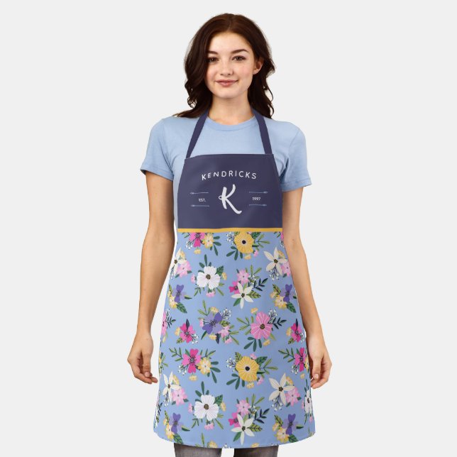 Purple Yellow Floral Pattern Family Monogram Apron (Worn)