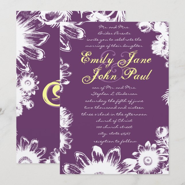 Purple Yellow Floral Wedding Invitation (Front/Back)