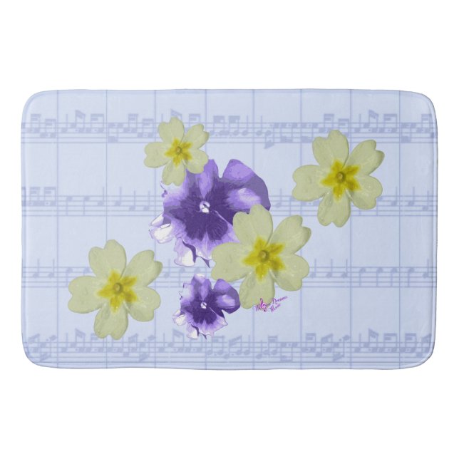 Purple & Yellow Flowers Blue Sheet Music Bath Mat (Front)