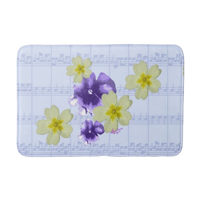 Purple & Yellow Flowers Blue Sheet Music Bath Mat (Front)
