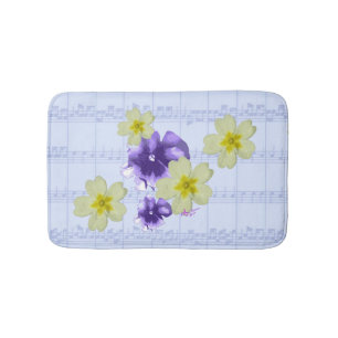 Purple & Yellow Flowers Blue Sheet Music Bath Mat
