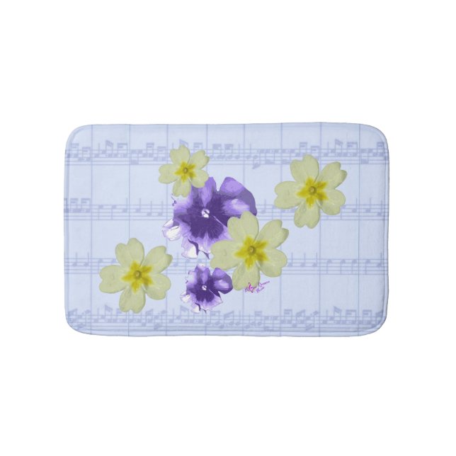 Purple & Yellow Flowers Blue Sheet Music Bath Mat (Front)