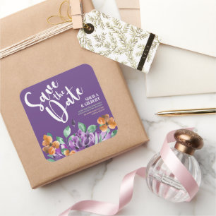 Purple Yellow Flowers Save The Date Square Sticker