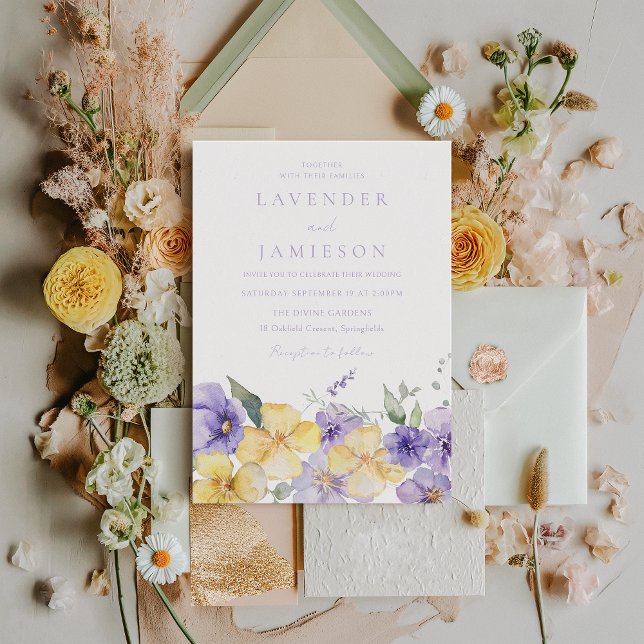 Purple & Yellow Flowers Summer Spring Wedding Invitation (Creator Uploaded)