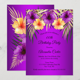 Purple Yellow Gold Palms Hibiscus Birthday Party Invitation