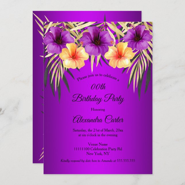 Purple Yellow Gold Palms Hibiscus Birthday Party Invitation (Front/Back)