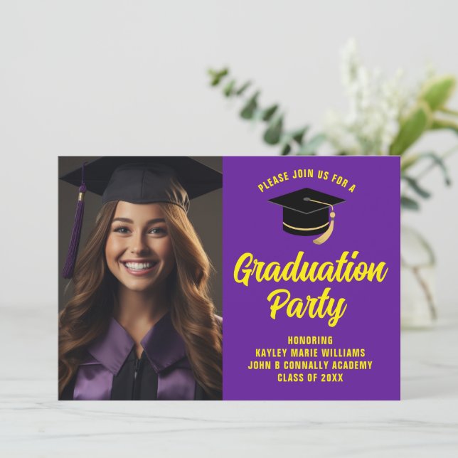 Purple Yellow Graduate Photo 2025 Graduation Party Invitation (Standing Front)