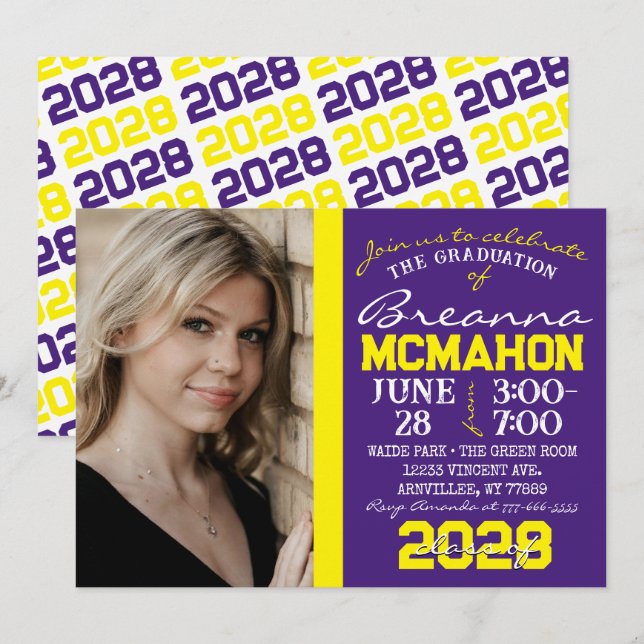 Purple & Yellow Graduation Photo Invitation (Front/Back)