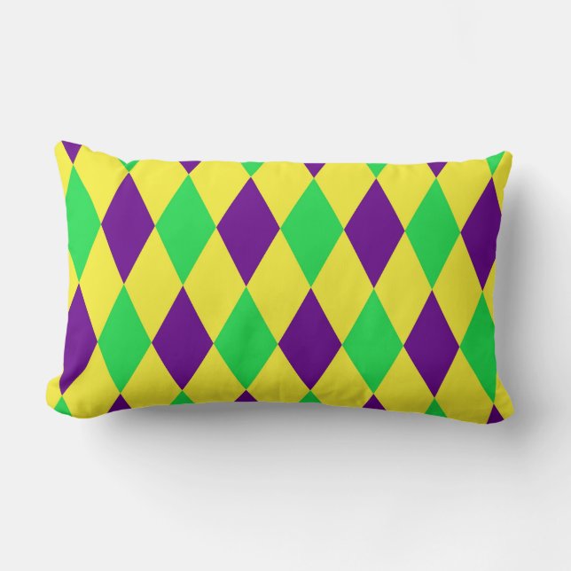 Purple Yellow Green Harlequin Pattern Lumbar Cushion (Front)