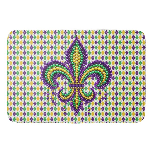 Purple yellow green Mardi Gras fleur de lis Bath Mat (Front)