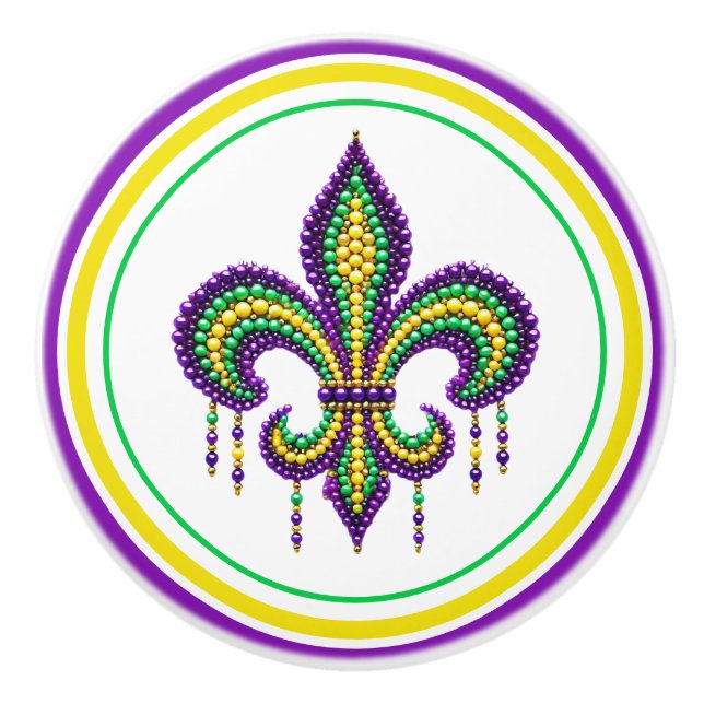 Purple yellow green Mardi Gras fleur de lis Ceramic Knob (Front)