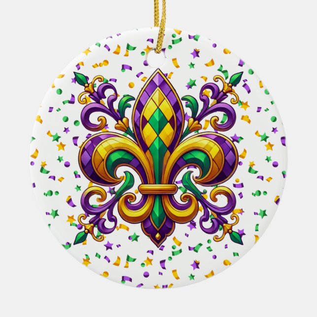 Purple yellow green Mardi Gras fleur de lis Ceramic Tree Decoration (Front)