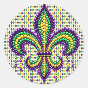 Purple yellow green Mardi Gras fleur de lis Classic Round Sticker