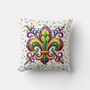 Purple yellow green Mardi Gras fleur de lis Cushion