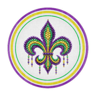 Purple yellow green Mardi Gras fleur de lis Cutting Board