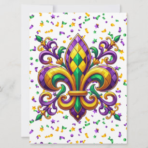 Purple yellow green Mardi Gras fleur de lis Holiday Card