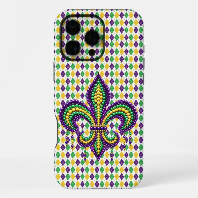 Purple yellow green Mardi Gras fleur de lis iPhone Case (Back)