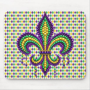 Purple yellow green Mardi Gras fleur de lis Mouse Pad