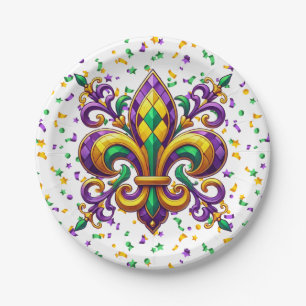 Purple yellow green Mardi Gras fleur de lis Paper Plate