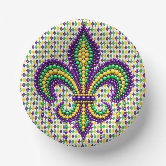 Purple yellow green Mardi Gras fleur de lis Paper Plate (Front)