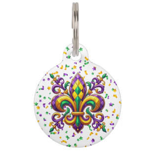 Purple yellow green Mardi Gras fleur de lis Pet Tag