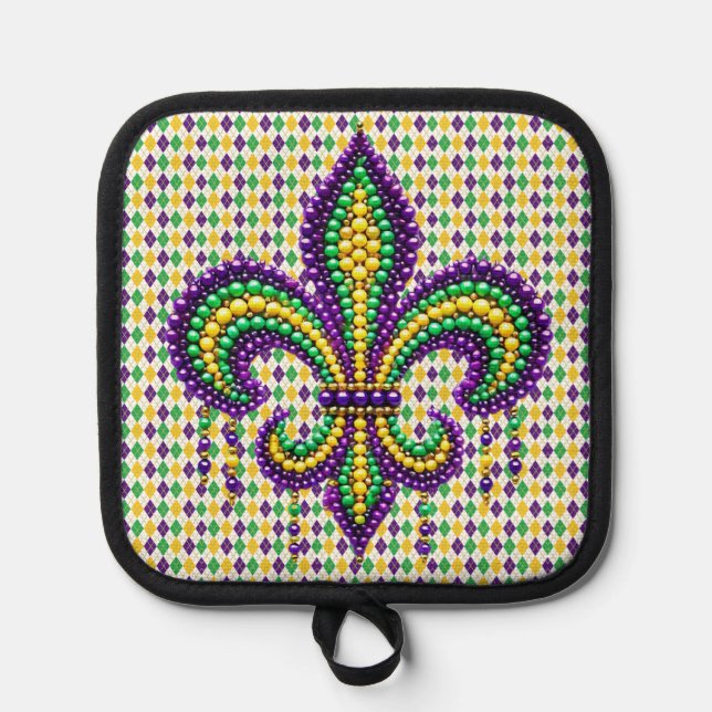 Purple yellow green Mardi Gras fleur de lis Pot Holder (Front)