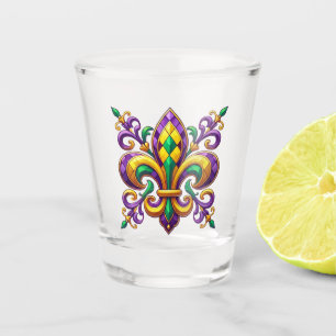 Purple yellow green Mardi Gras fleur de lis Shot Glass