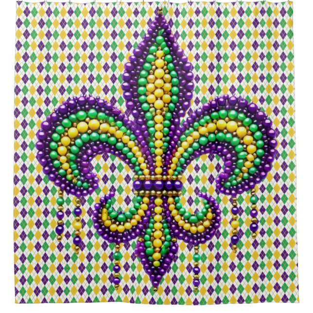 Purple yellow green Mardi Gras fleur de lis Shower Curtain (Front)