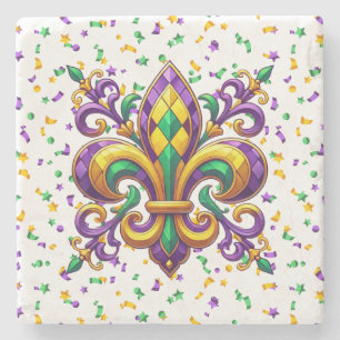 Purple yellow green Mardi Gras fleur de lis Stone Coaster