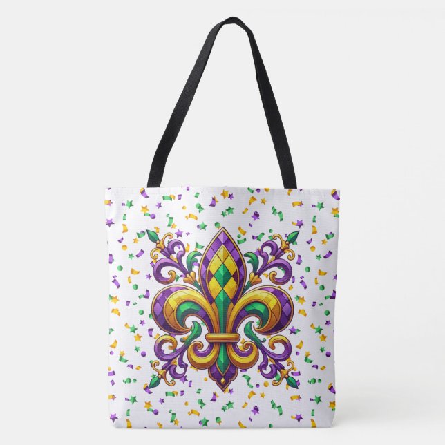 Purple yellow green Mardi Gras fleur de lis Tote Bag (Front)