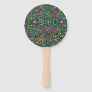 Purple yellow green Mardi Gras swirls abstract Hand Fan