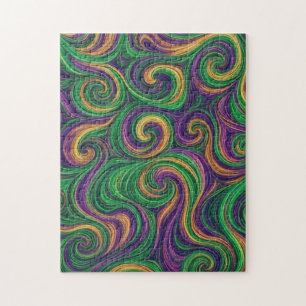 Purple yellow green Mardi Gras swirls abstract Jigsaw Puzzle