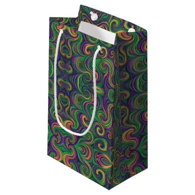 Purple yellow green Mardi Gras swirls abstract Small Gift Bag (Front Angled)