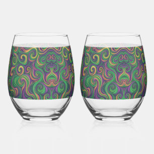 Purple yellow green Mardi Gras swirls abstract Stemless Wine Glass