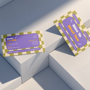 Purple Yellow Green Retro Checkerboard Boho Business Card